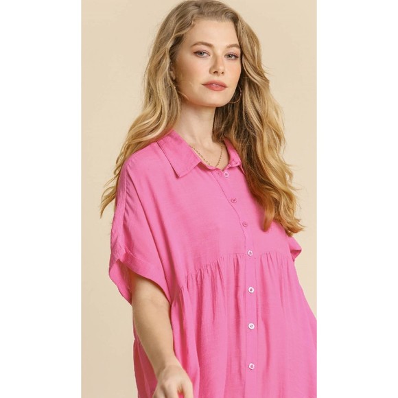 New Umgee S Sheer Rose Pink Short Sleeve Button Down Back Hi-Low Tiered Dress - Picture 3 of 3